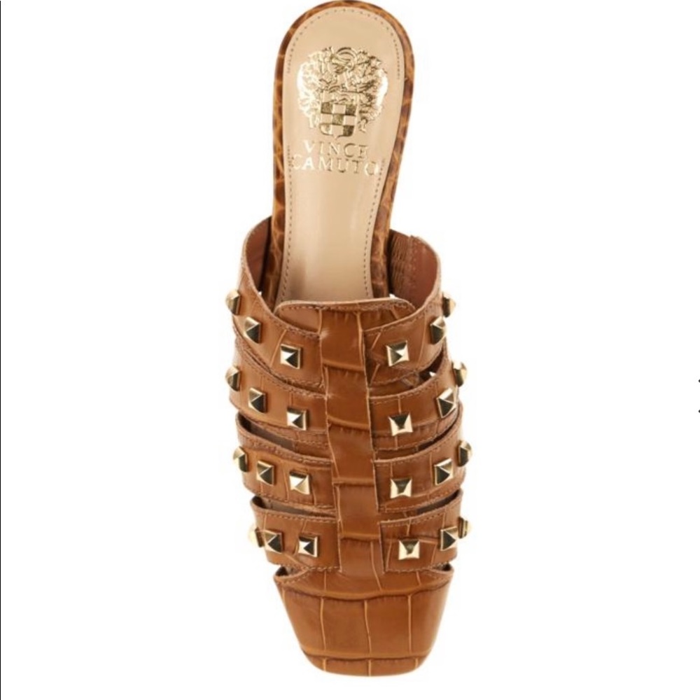 Vince Camuto Lendinna Flat Mule Cognac Gold Studs Leather Square Toe Block Heel